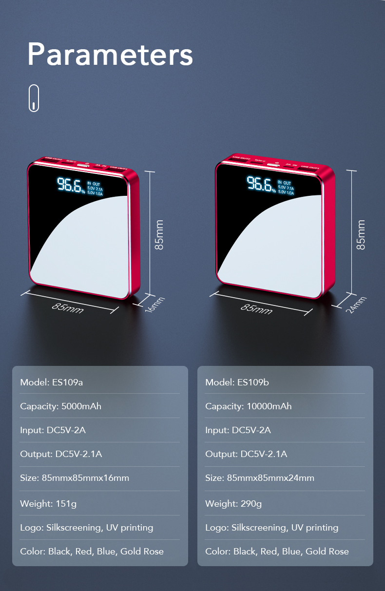 ES109 Square Mirror Power Bank 5000mAh/10000mAh product detail